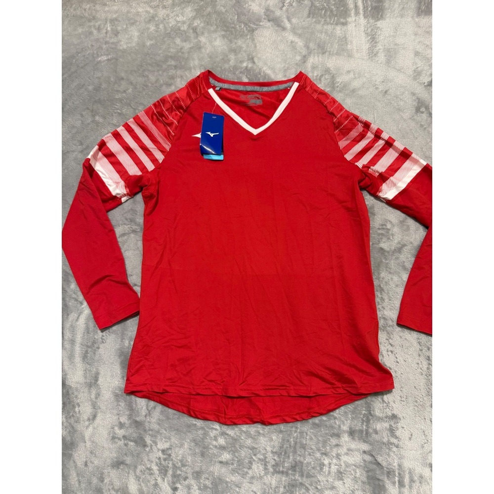 Mizuno Volleyball Jersey Womens Large Red Striped Long Sleeve V-Neck Shirt